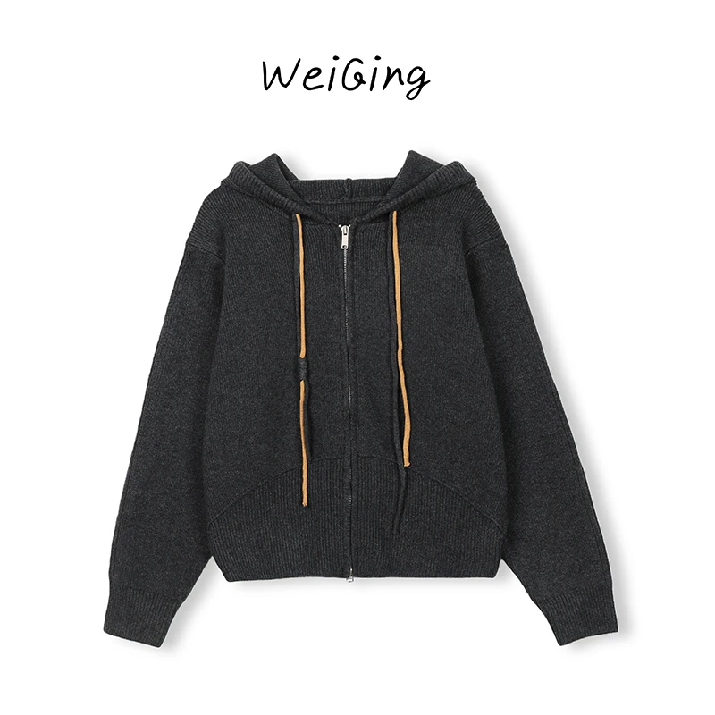 【丹姐家~拼色绳拉链开衫】韩系时尚百搭连帽针织开衫女上衣