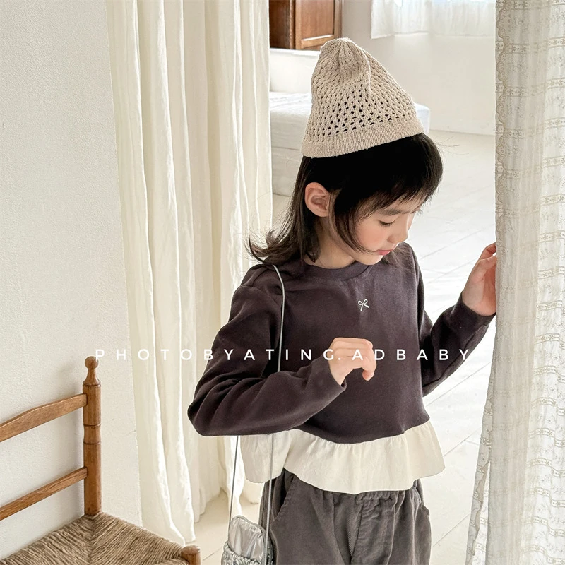 【ab.baby】春装新~儿童韩版蝴蝶结刺绣长袖T恤女童花边卫衣打底衫