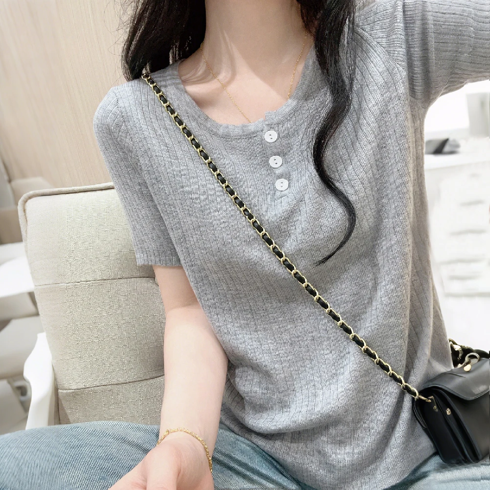 灰色圆领针织衫短袖t恤女夏季薄款洋气百搭修身显瘦正肩短款上衣