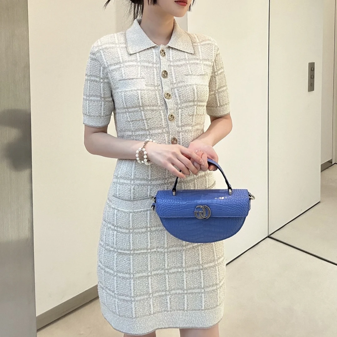 99新 GUCCI/古驰 W168106/FW24格纹Polo领连衣裙/尺码XS