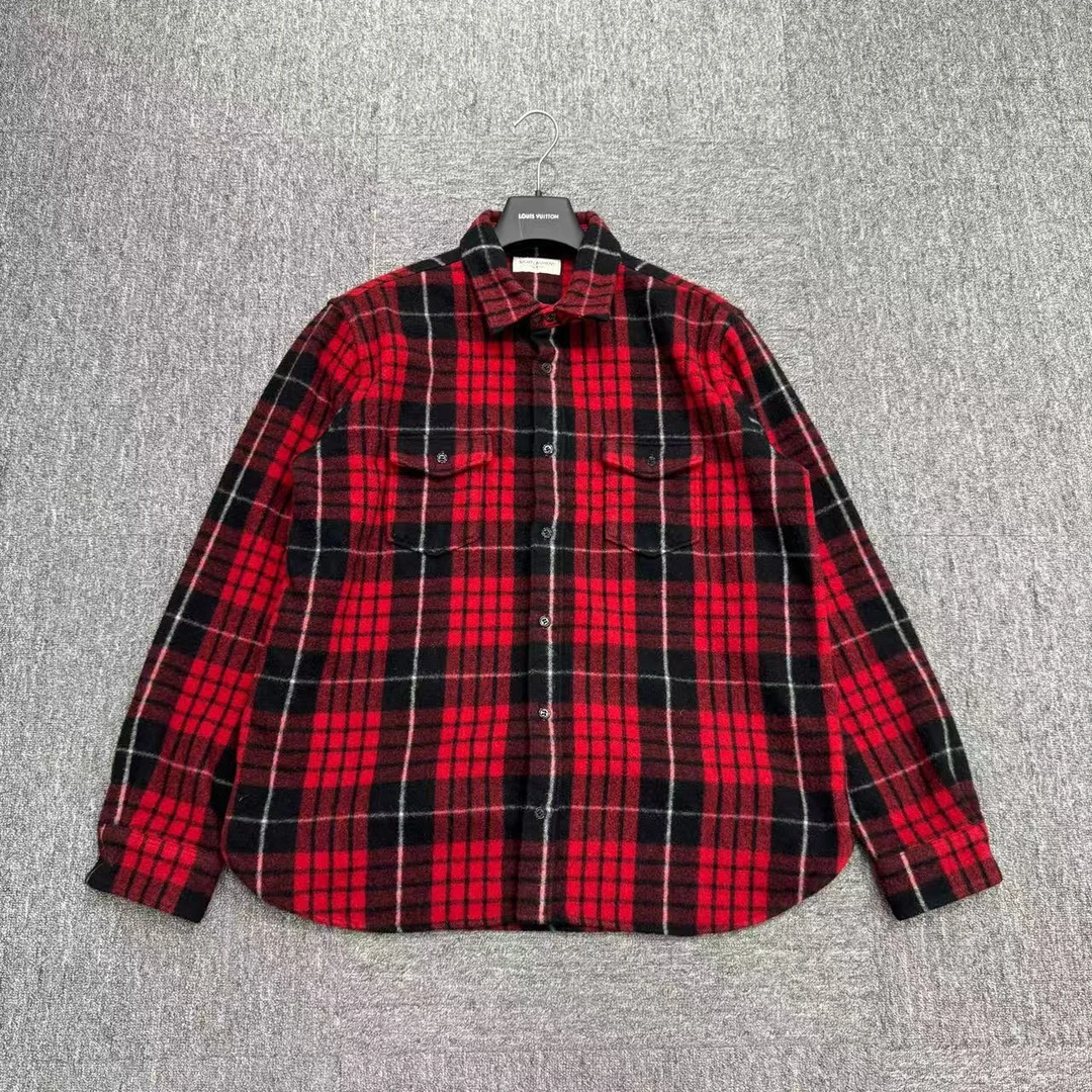 99新 YSL/圣罗兰 黑红格纹羊毛衬衫/L码/编码17295