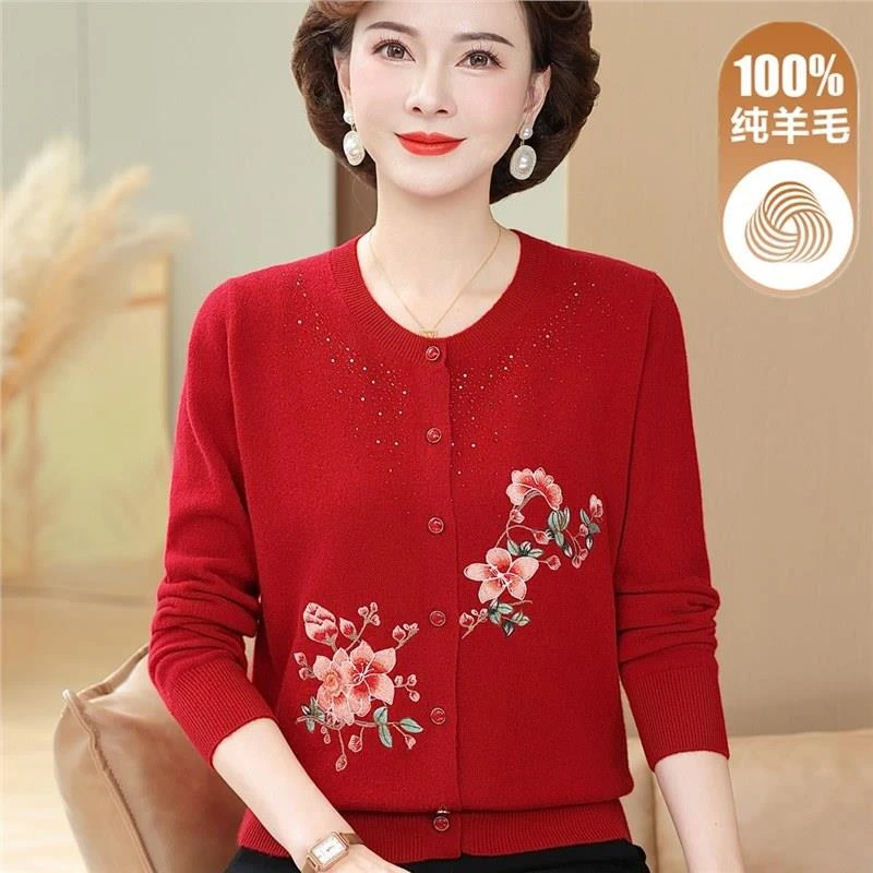 100%纯羊毛针织开衫毛衣秋冬季妈妈洋气圆领上衣时尚女本命年红色