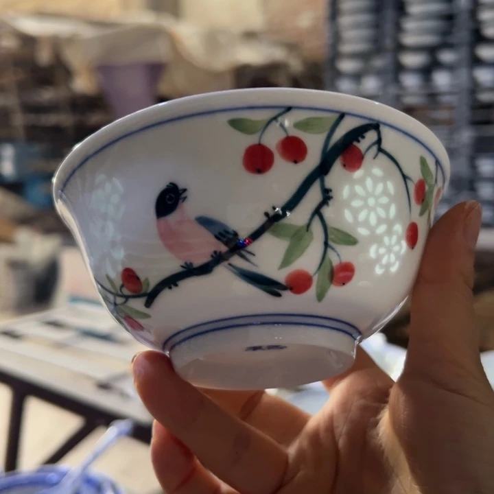 手绘雕刻5寸花鸟小饭碗