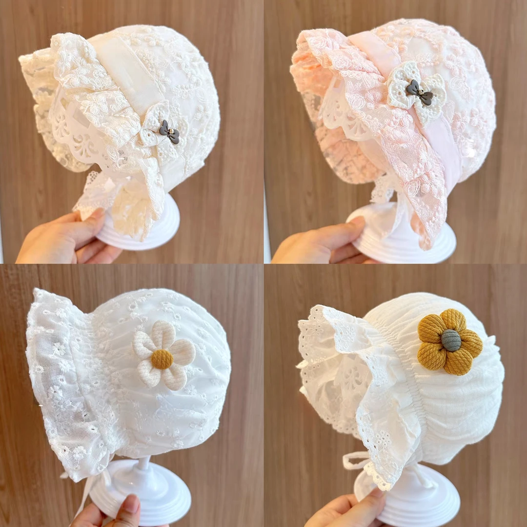 婴儿帽子春夏蕾丝薄款儿童帽宝宝洋气防晒帽公主帽韩版系带护耳帽