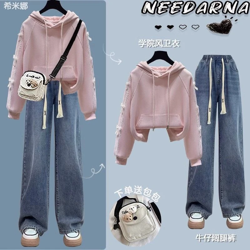 高中生春装2025新款学院风一整套穿搭少女假两件高中生宽松卫衣