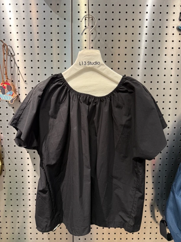 夏季女款法式设计感圆领褶皱短袖衬衫