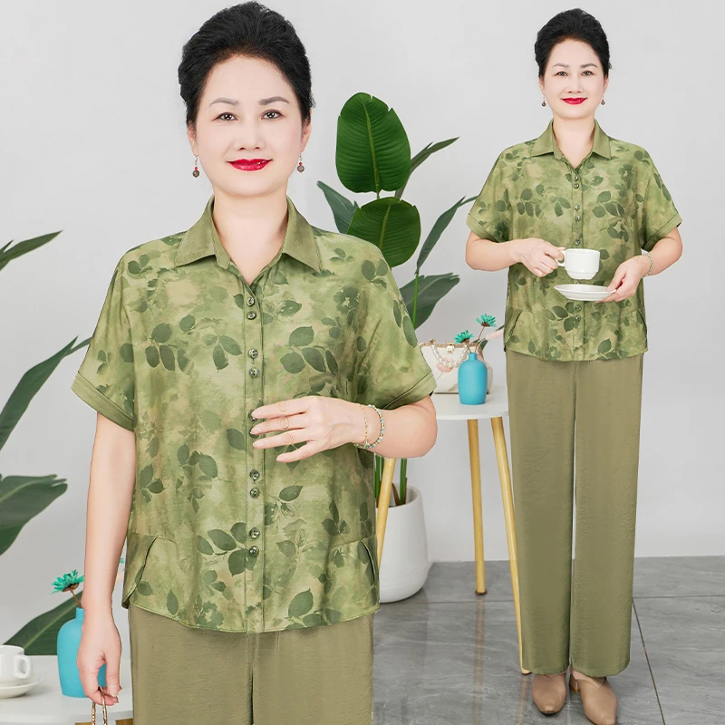 雅鹿中老年夏装短袖上衣宽松显瘦洋气衬衫新款妈妈装套装B25867B
