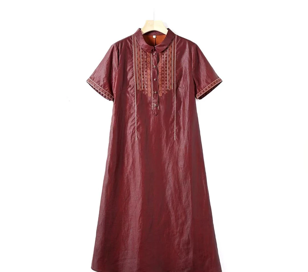 【莨美】顺德非遗香云纱龟纹老料重工刺绣翻领连衣裙25363