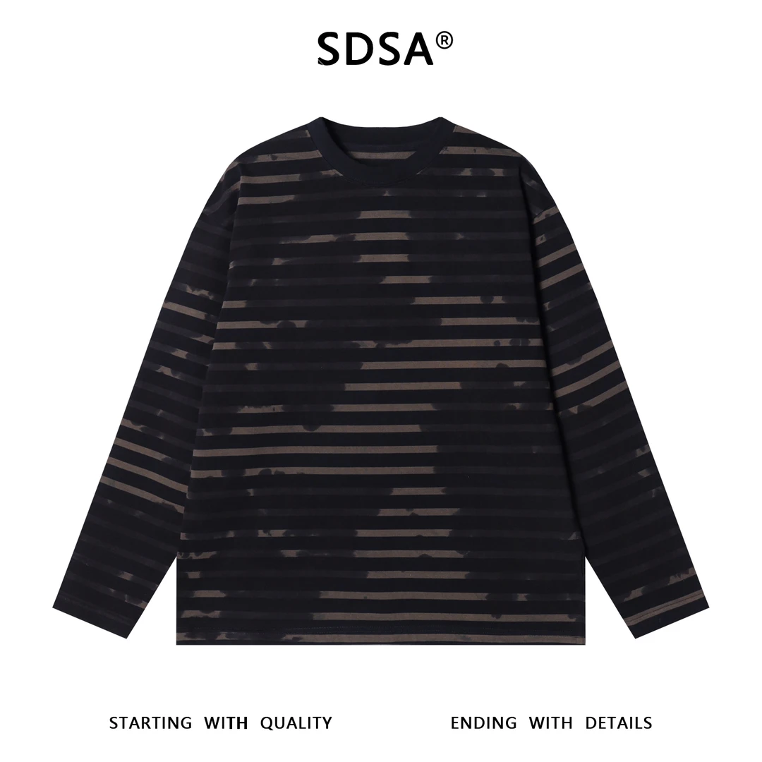 SDSA男士秋冬新款痞帅男装韩版扎染晕染撞色条纹圆领长袖T恤百搭