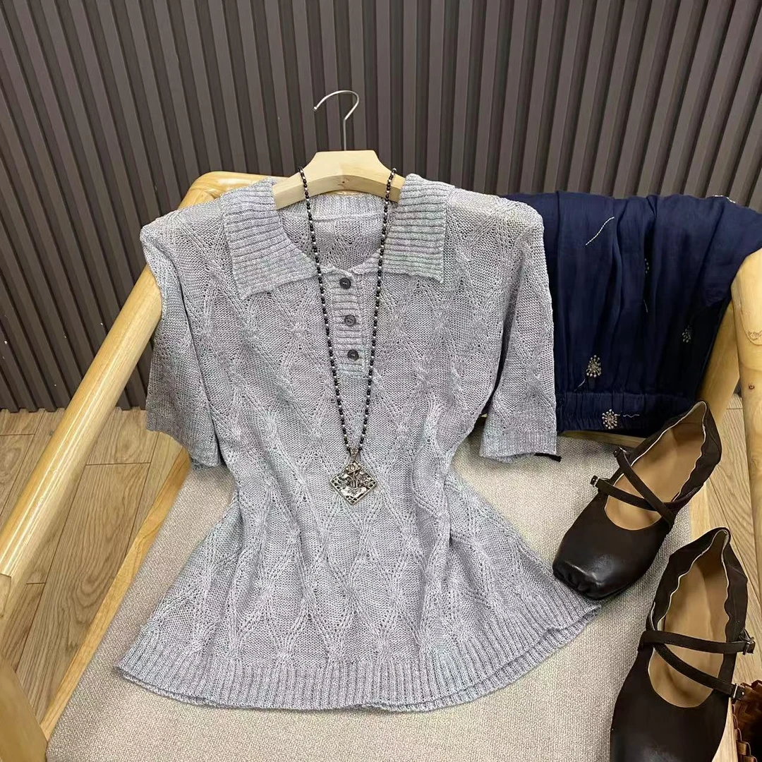 翻领菱格天丝冰麻针织T恤短袖镂空薄款套头百搭上衣女Z6231