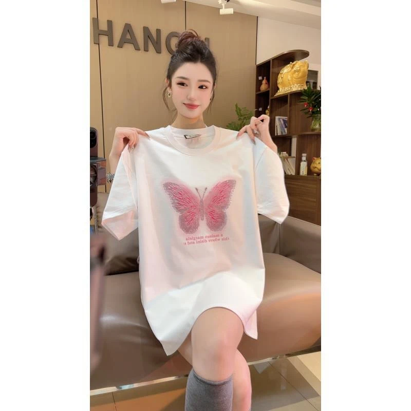 新款{蝴蝶}高颜值老板娘气质款烫钻百搭T恤宽松休闲夏季