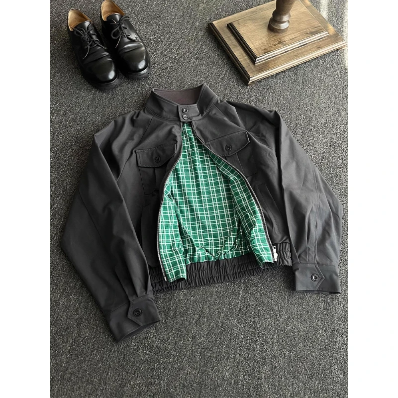 深灰色哈灵顿工装夹克男秋美式格子拼接短款外套miu系老钱风上衣