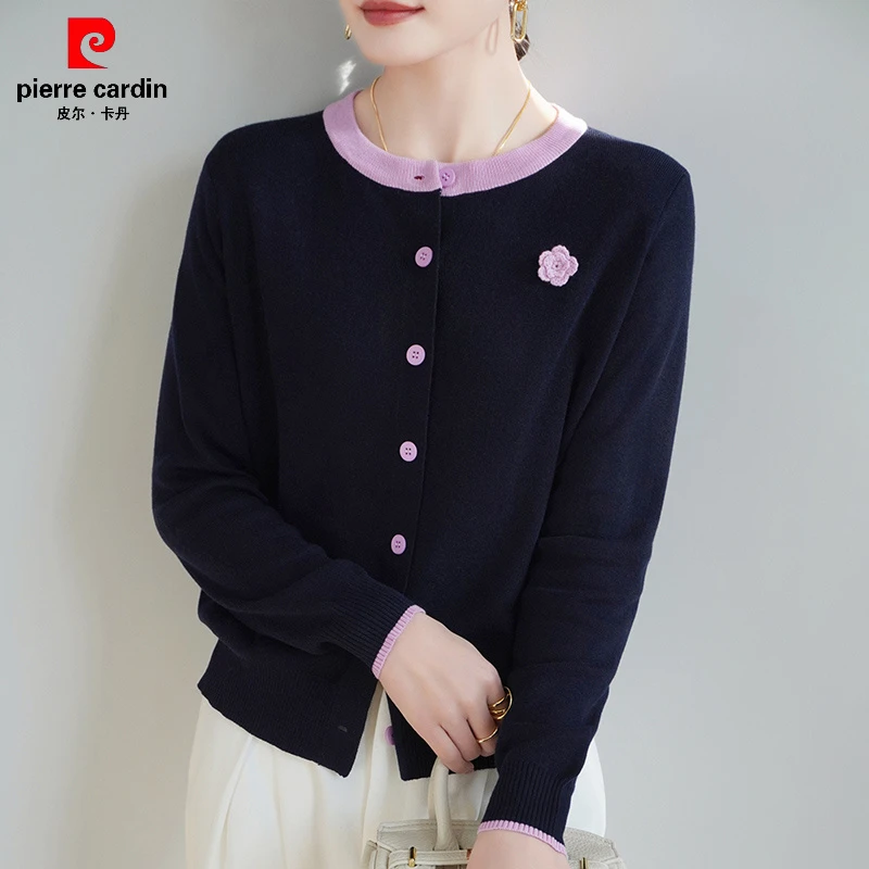 皮尔卡丹小香风拼色单排扣针织开衫女2025新款长袖外搭精纺羊毛上