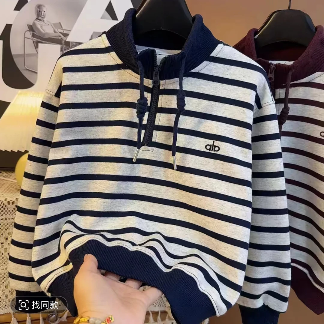 条纹控bi入~秋季男童新款韩系半拉链条纹撞色高领套头卫衣S10300