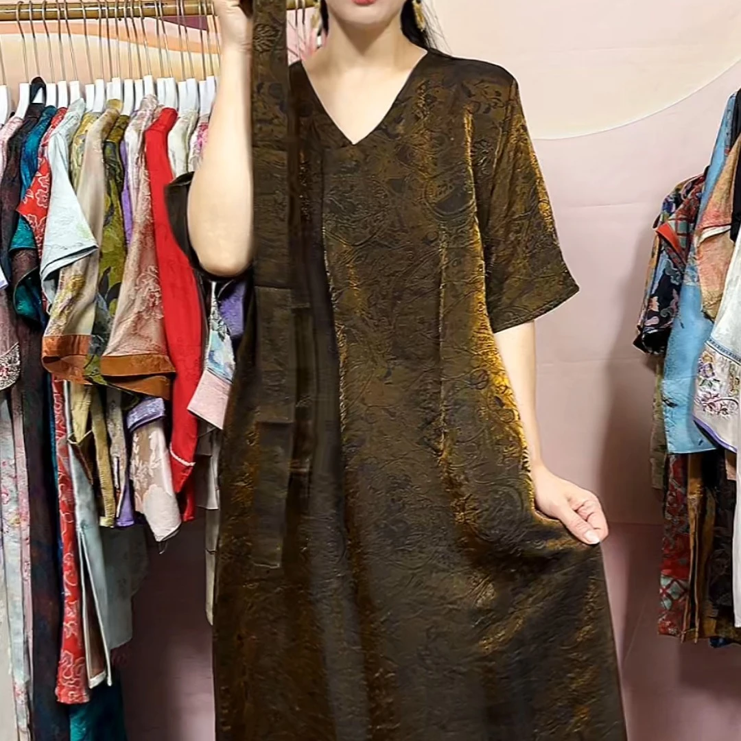 时尚轻奢亲肤透款浮光锦连衣裙新中式国风高个子长裙