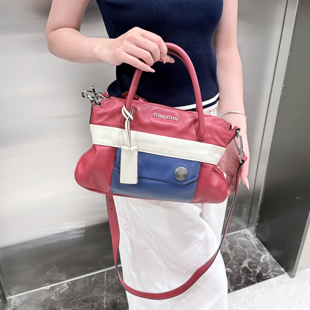 95新 MIU MIU/缪缪 miumiu红蓝白拼色手提斜挎包