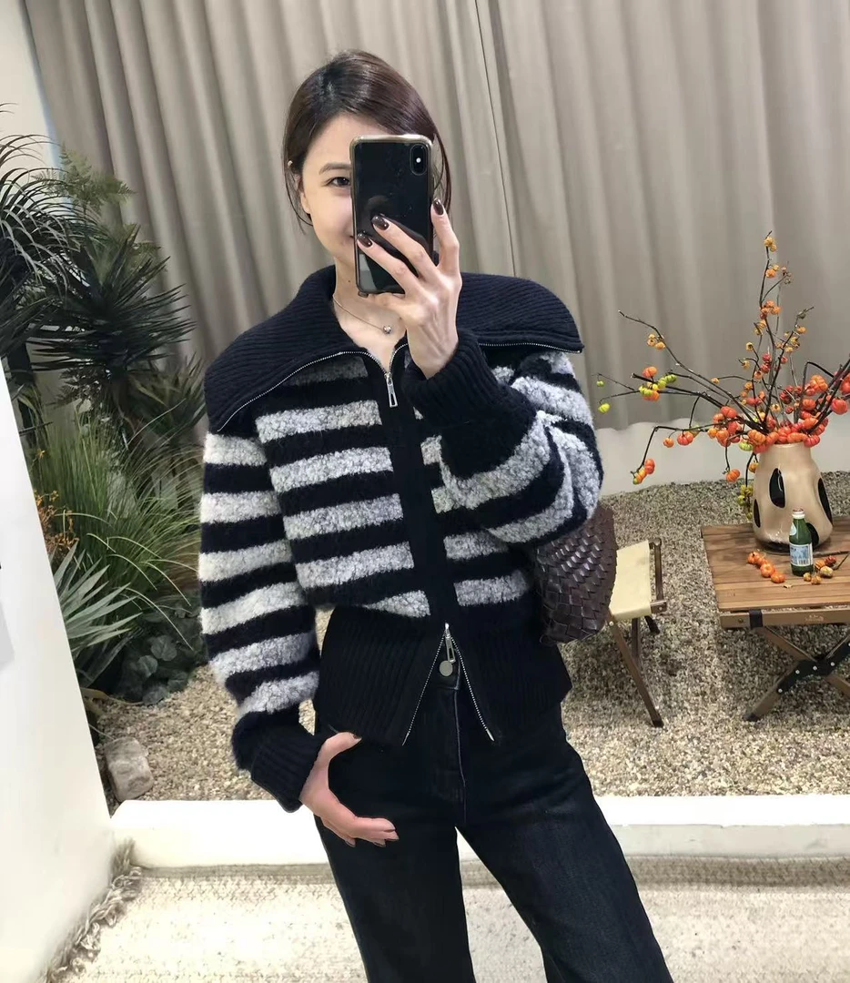 100%羊毛双开拉链大翻领复古条纹颗粒感羊毛针织开衫毛衣女士外套