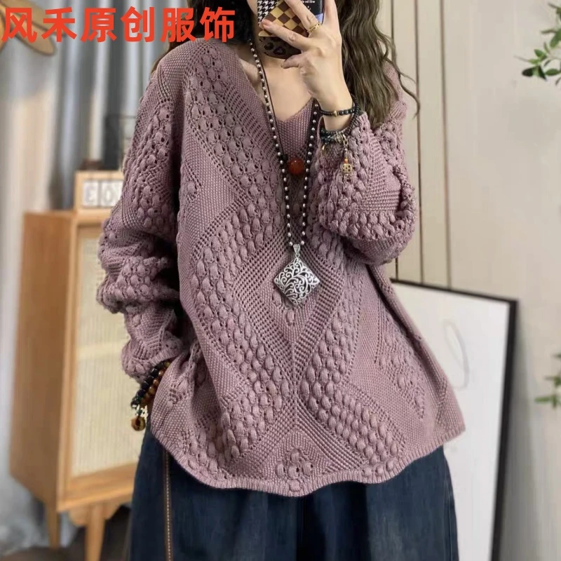 风禾原创【6685】冬季新款时尚洋气复古V领磨毛镂空针织套头衫女