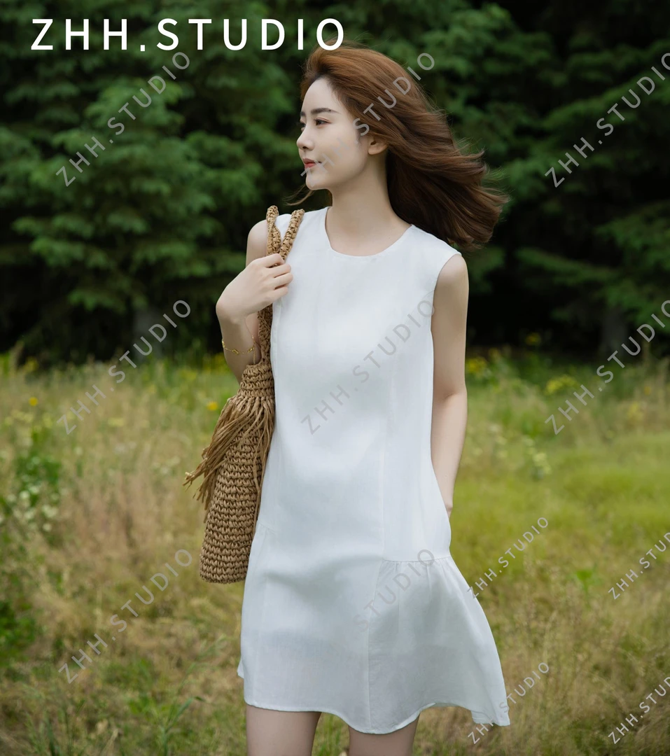 【赵哼哼】天丝亚麻法式纯色简约百搭夏季凉感气质显瘦无袖连衣裙