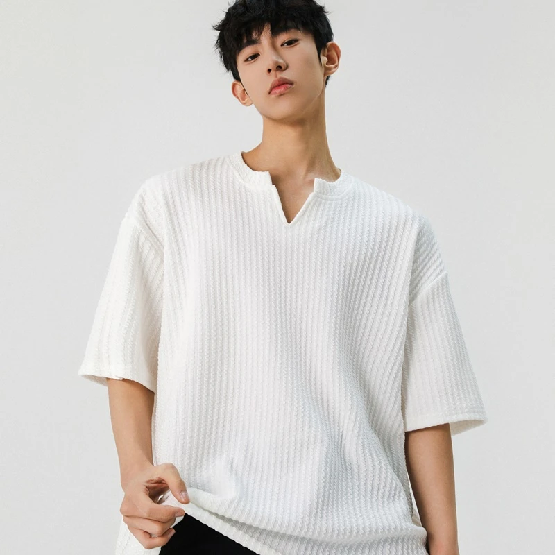 【欧若风】肌理感V领短袖t恤男夏季潮流宽松青少年休闲半袖体恤上衣