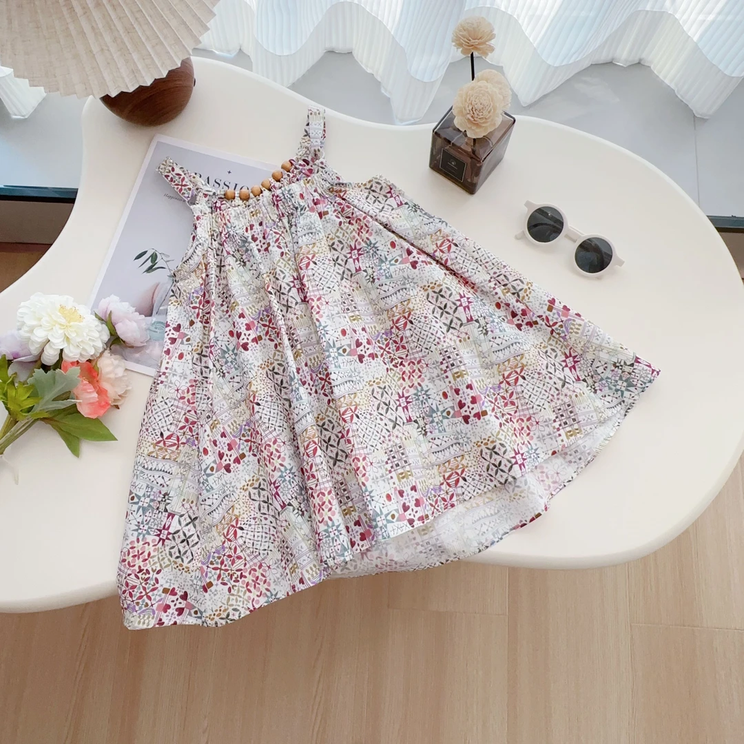 2025夏季新款复古碎花吊带海边背心连衣裙H-19440女童洋气挂脖裙