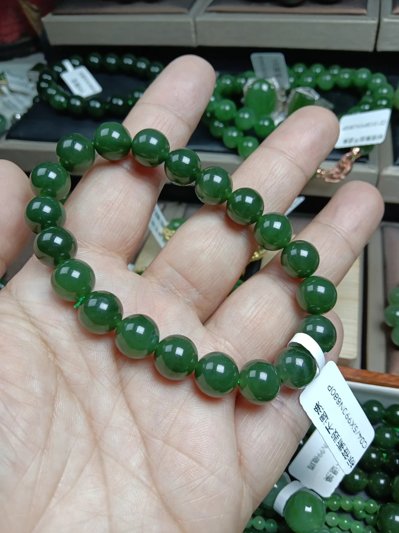 和田玉碧玉10m手串菠菜绿