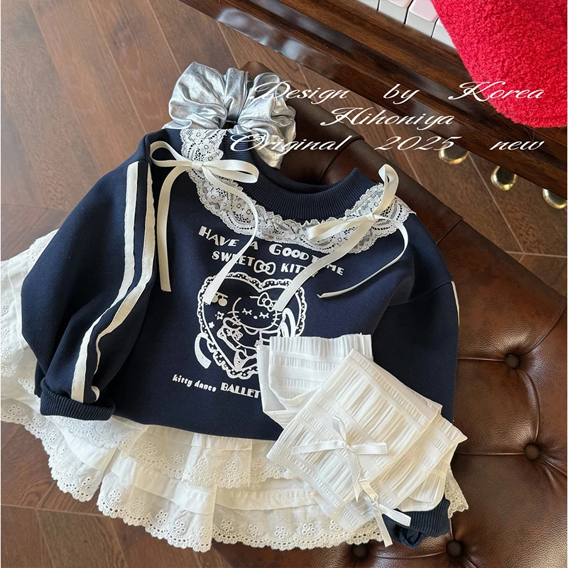 Q【千禧辣妹】三Hihoniya~2025春季亲子款蕾丝领Kitty宽松韩版卫衣