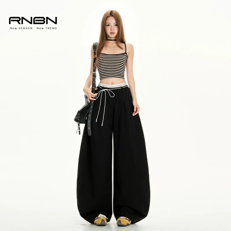 RNBN新款黑色假两件弯刀休闲裤女时尚蕾丝双腰头宽松阔腿裤
