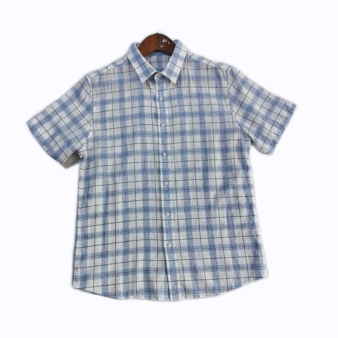 BS311611男士夏季短袖衬衣商务时尚休闲百搭棉麻格纹翻领短袖衬衫