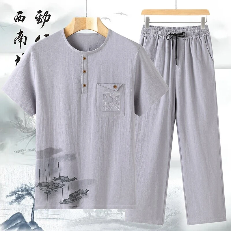 中老年男装爸爸装夏季套装纯棉父亲节70岁老人爷爷装夏装短袖长裤