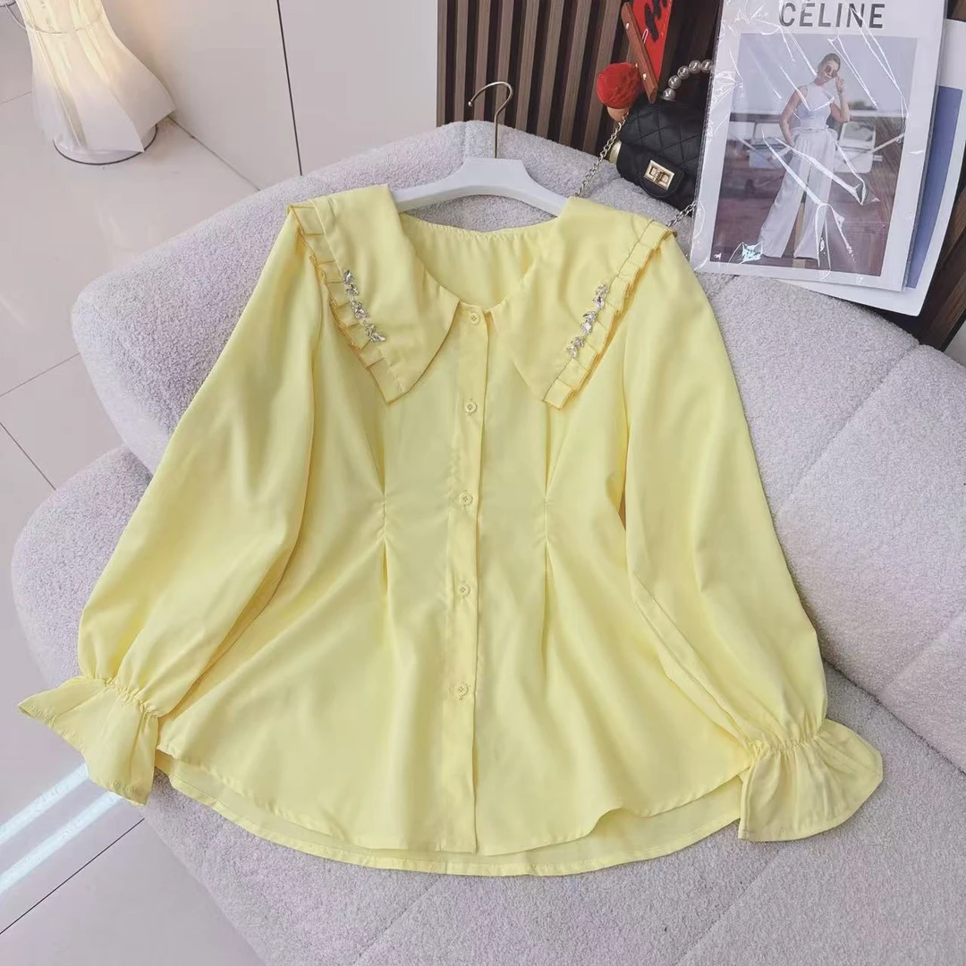 早春大码女装春季百搭减龄宽松胖mm上衣娃娃领收腰显瘦衬衫68056