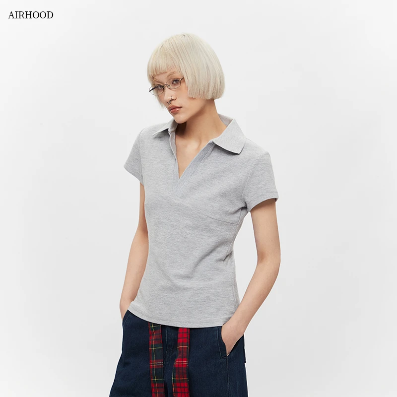 AIRHOOD 国潮复古辣妹翻领修身设计感短袖t恤女显瘦休闲上衣C5181