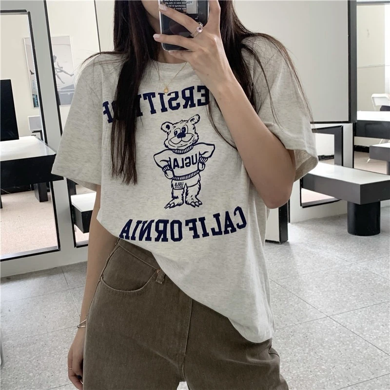 长款中长款通勤风短袖休闲风T恤夏季春夏圆领卡通性感风