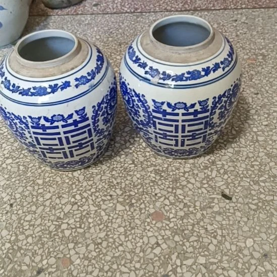 陶摆件双双双喜临门罐罐摆件青花陶瓷