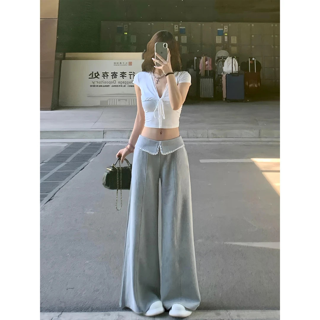 雪千羽蕾丝花边灰色垂感阔腿裤女春秋季潘领直筒休闲裤拖地长裤子