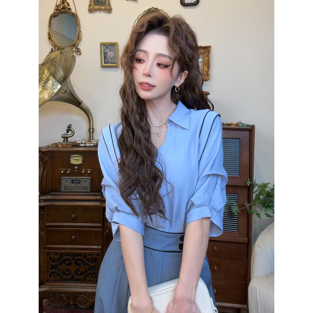 【十一港风】夏季气质通勤设计感显瘦宽松短袖小众女装衬衫Y5167