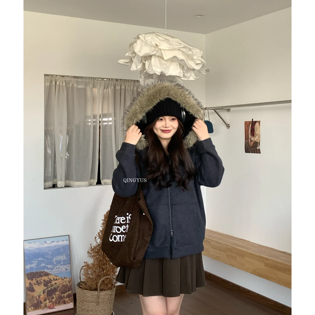 青屿衫-微胖大码冬季复古加绒加厚双拉链大毛领灰色连帽卫衣外套