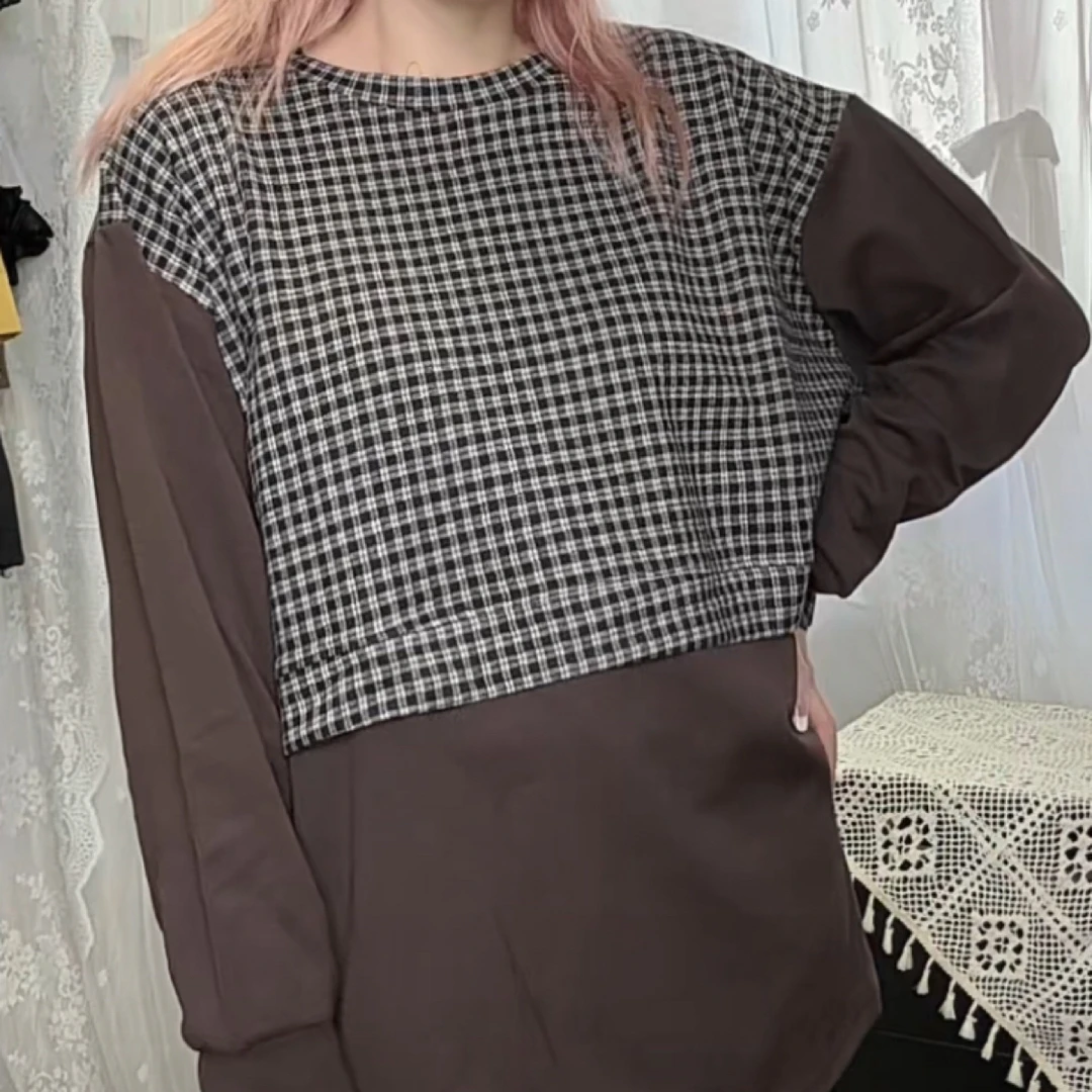 假两件格子长袖上衣 复古显瘦 大码卫衣面料