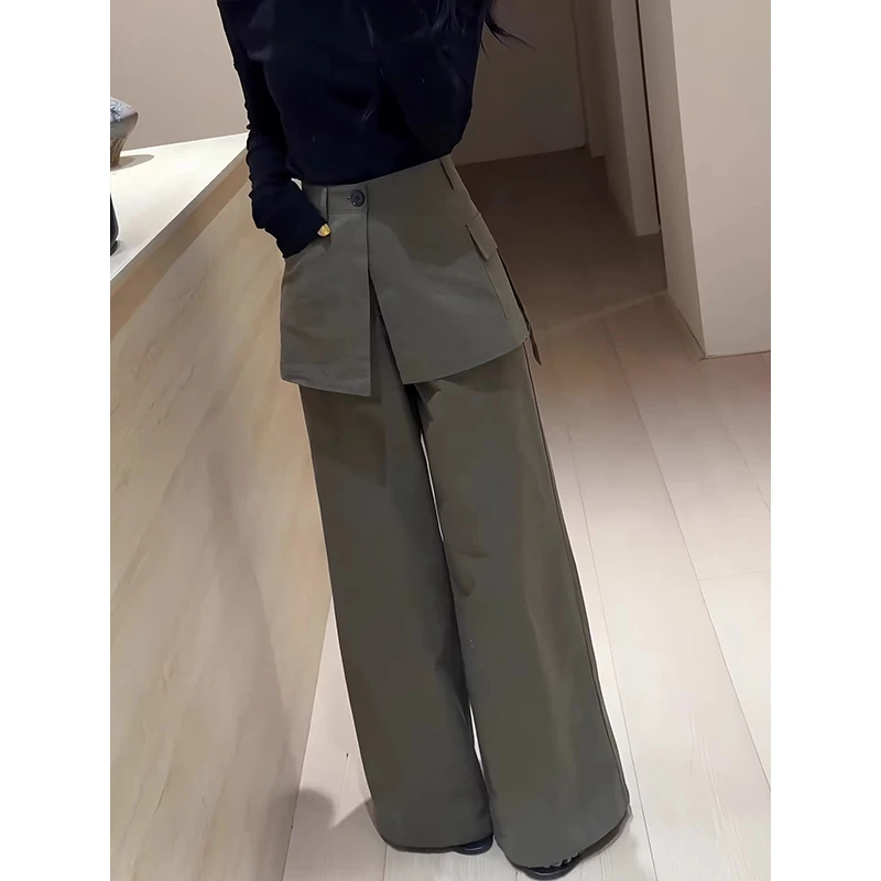 灰绿色假两件屁帘西装裤女2025秋季新款宽松遮胯显瘦直筒休闲裤子
