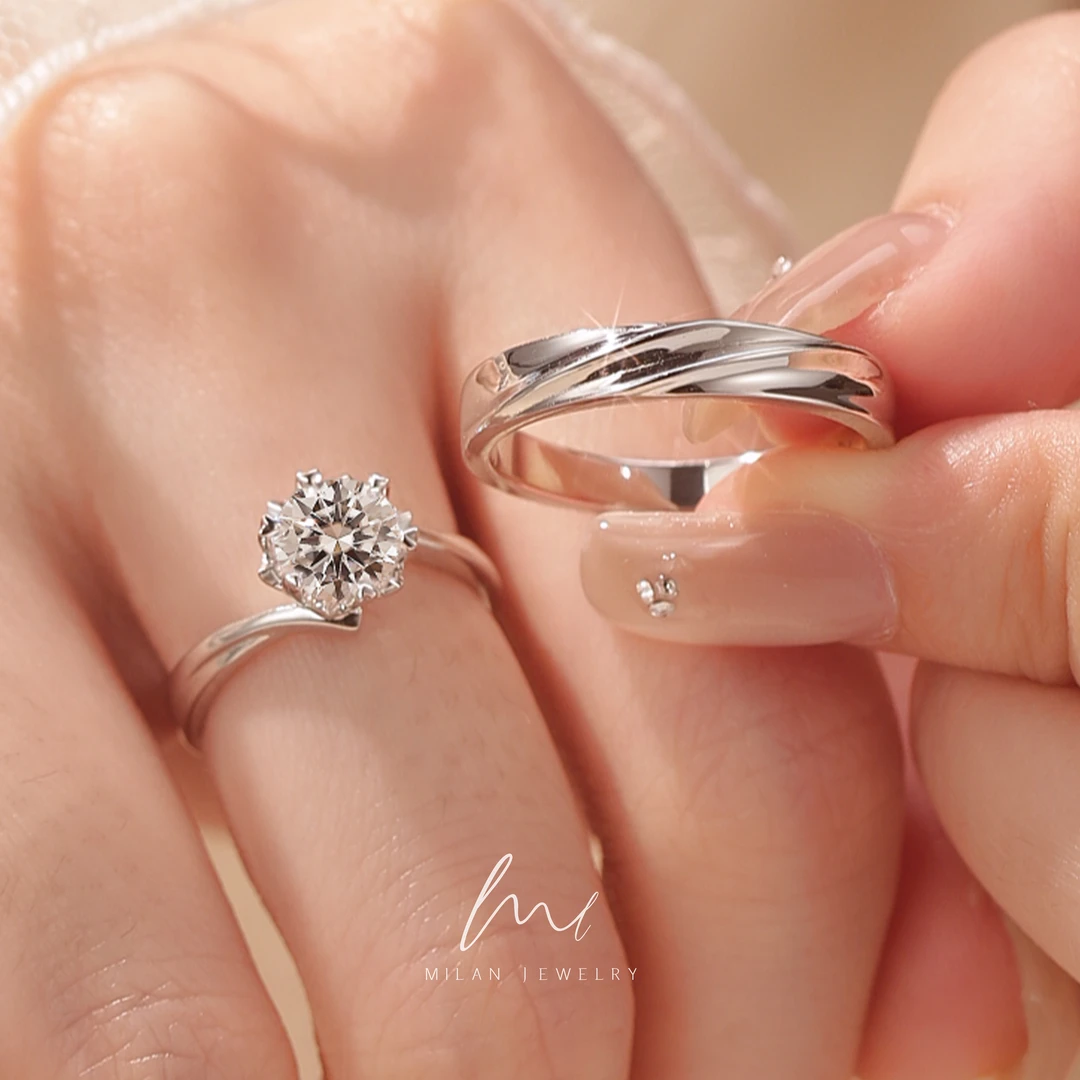 秘蓝 925银莫桑石戒指 倾心&共度爱河对戒/情侣高级感婚戒小众感