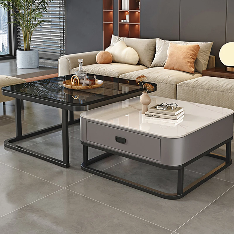 岩板茶几客厅家用2024新款现代简约网红小户型方形可折叠茶桌组合