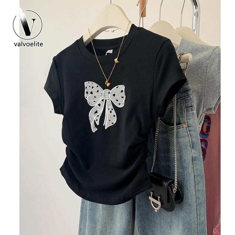 VALVOELITE蝴蝶结正肩短袖体恤女款夏季新款设计感小个子修身上衣