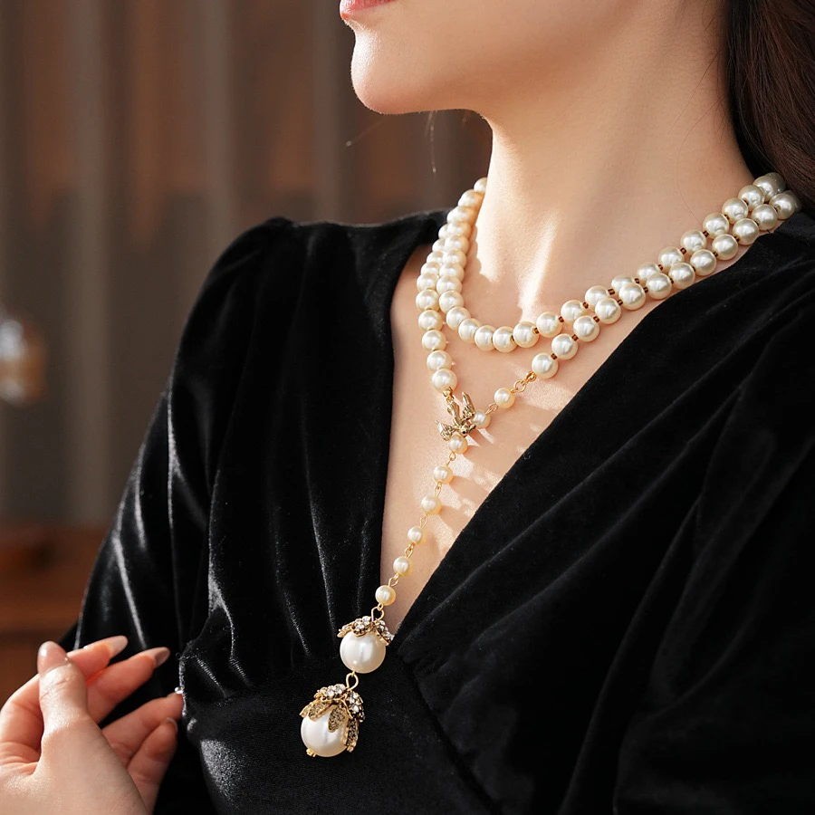 铜项链 精品/花朵小鸟珍珠项链法式复古轻奢可调节毛衣链2025新款