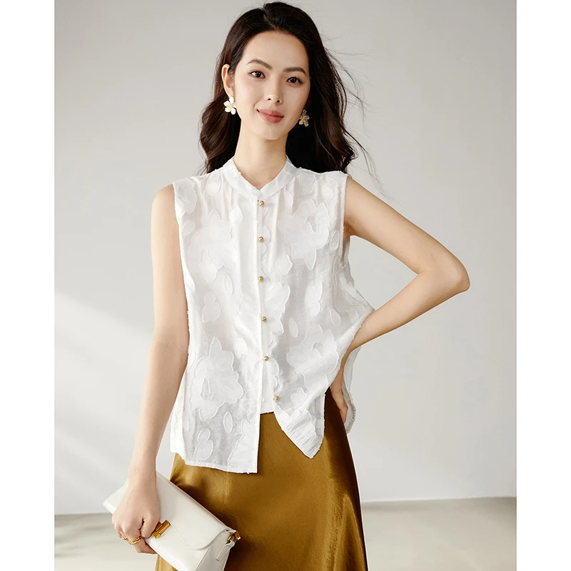 晚白早秋内搭单穿上衣弹力无袖印花轻中式衬衫25011717