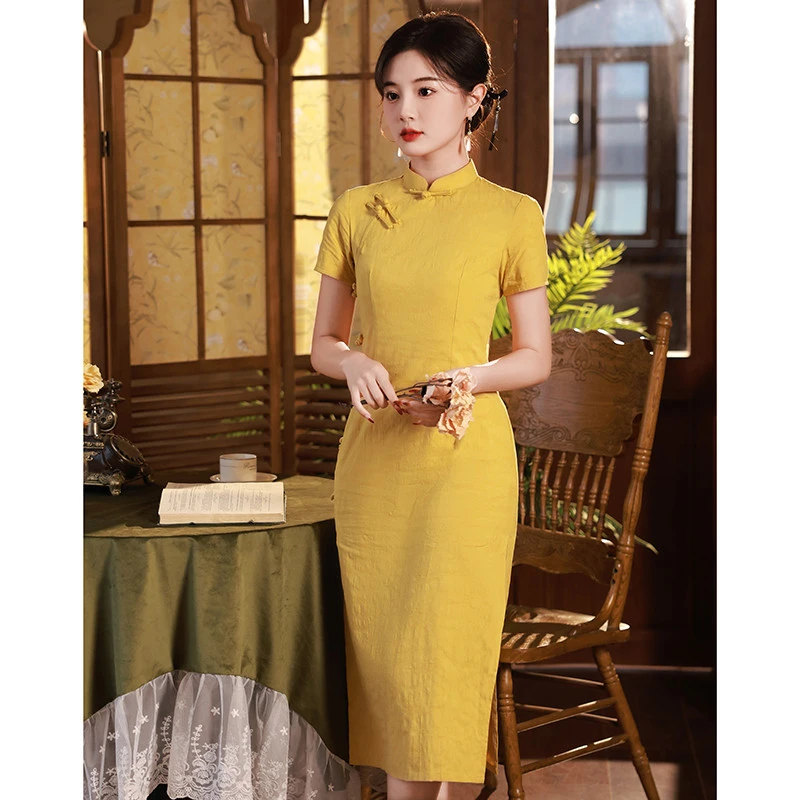 黄色棉麻旗袍女小个子年轻款复古民国风少女文艺中长款连衣裙日常
