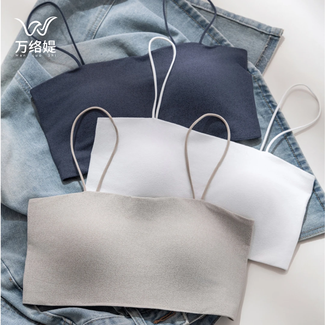 万络媞115无字母性感抹胸细肩带美背小胸防走光自带胸垫交叉带