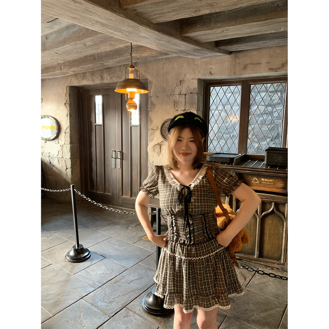 酒心微胖定制 甜酷兼备 夏日绝美韩系格纹蕾丝显瘦上衣+半裙套装