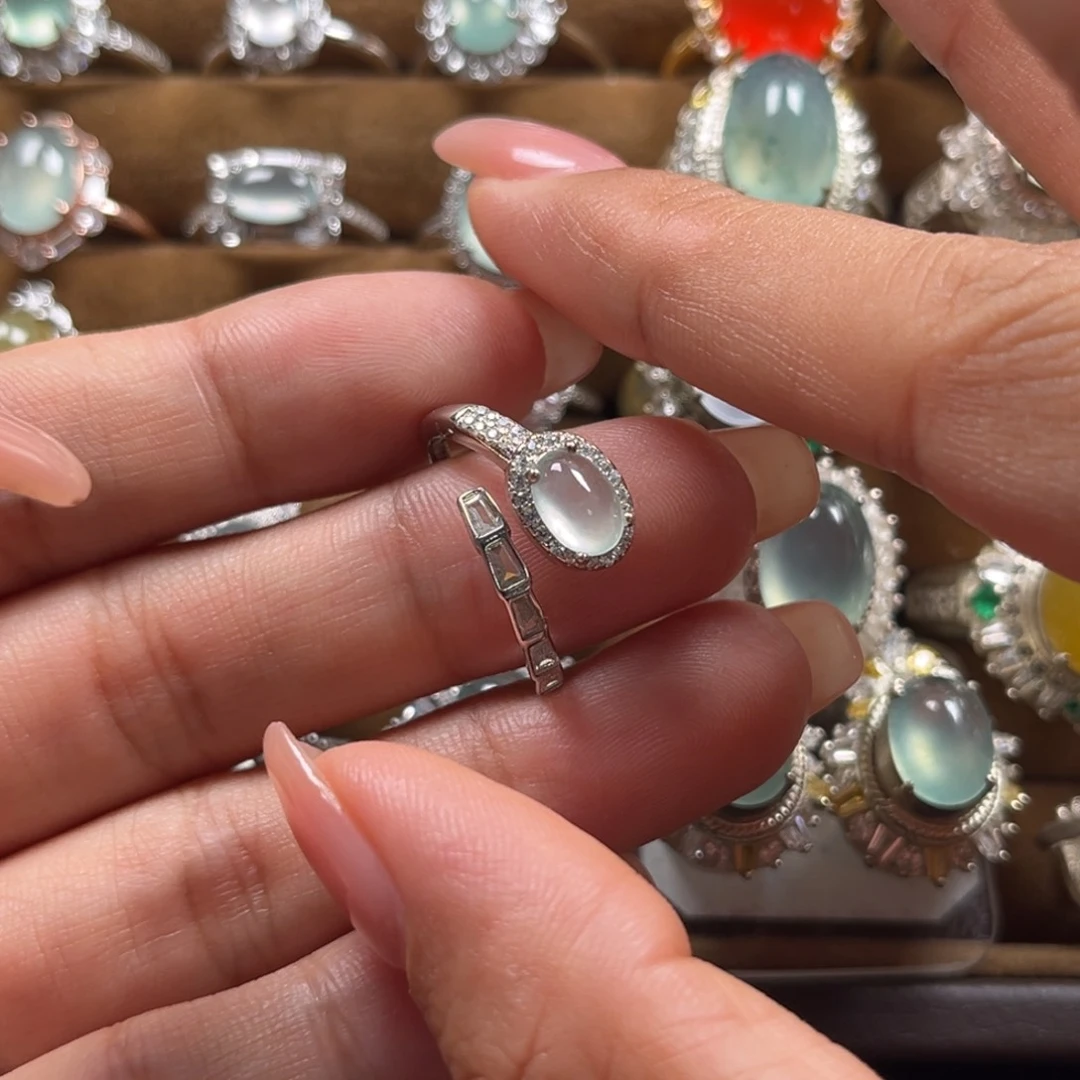 翡翠戒指银S925镶嵌缅甸翡翠天然翡翠