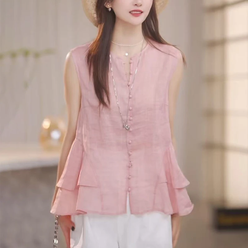 时尚减龄粉色无袖衬衫2025夏季新款女亚麻遮肚休闲设计感别致上衣