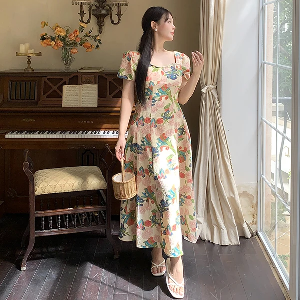 大码女装高级感法式复古碎花连衣裙气质优雅收腰显瘦长裙2108